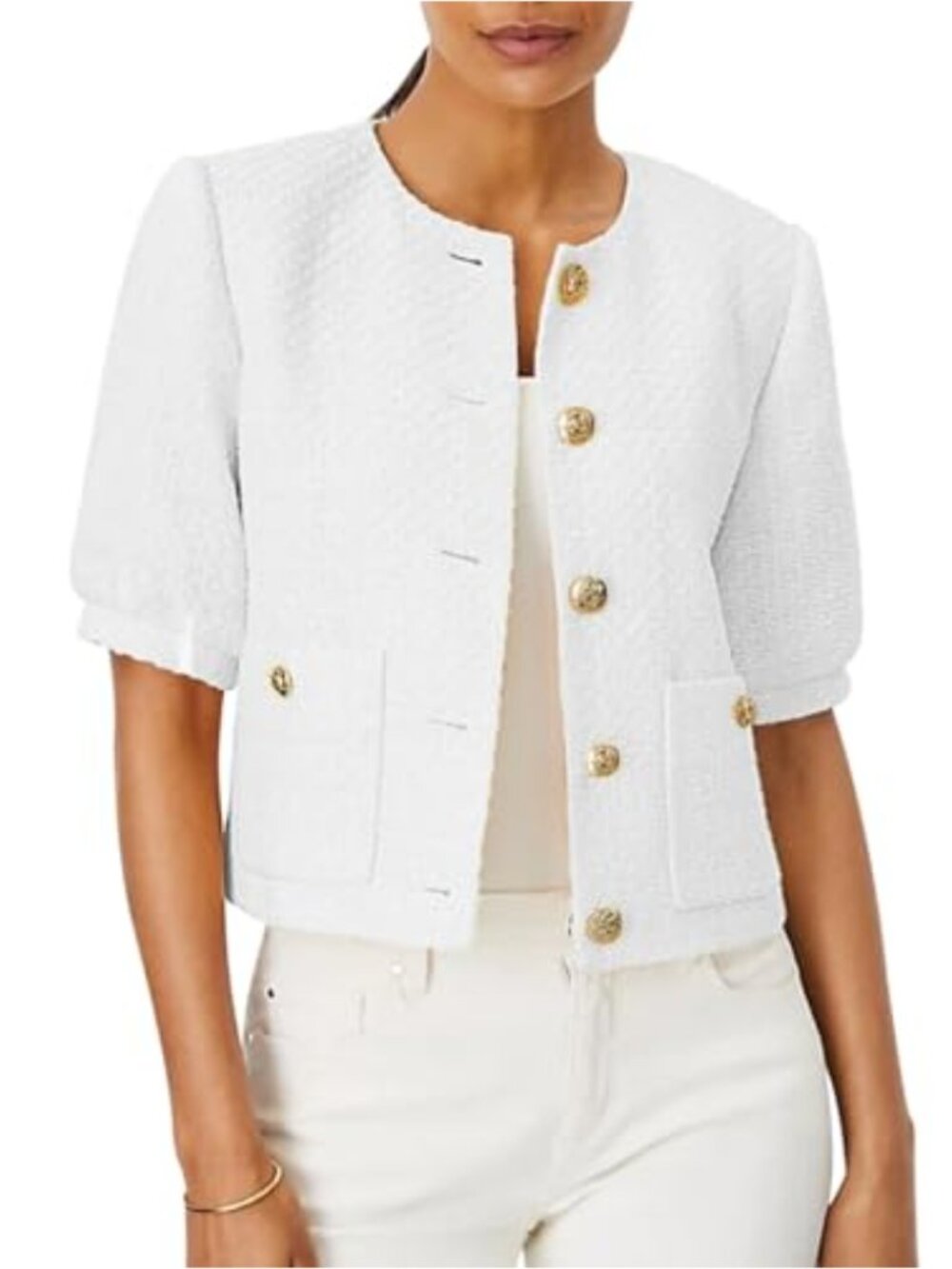 Tweed Cropped Blazer Puff Short Sleeve Open Front Office Jacket